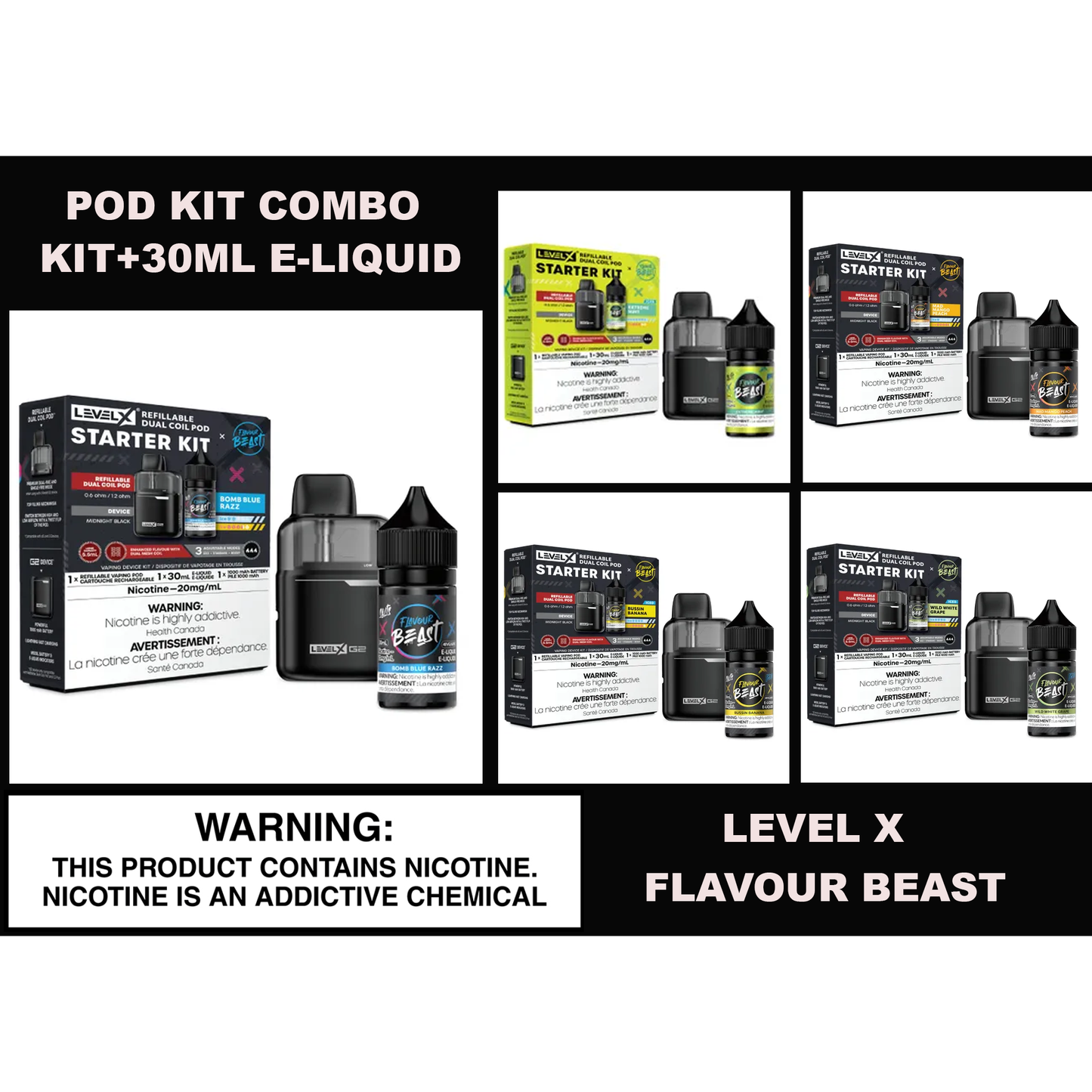 Level X Refillable Pod Starter Kit - Black G2 Base + 5.5mL Pod + Flavour Beast E-Liquid